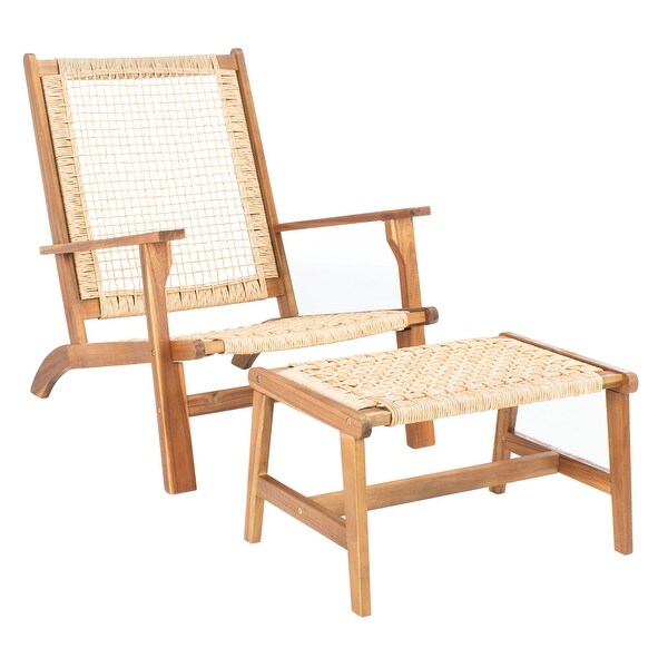 SAFAVIEH Chantelle Outdoor Solid Wood Chaise Lounge Chair and Stool Set of 2 (Includes End Table)