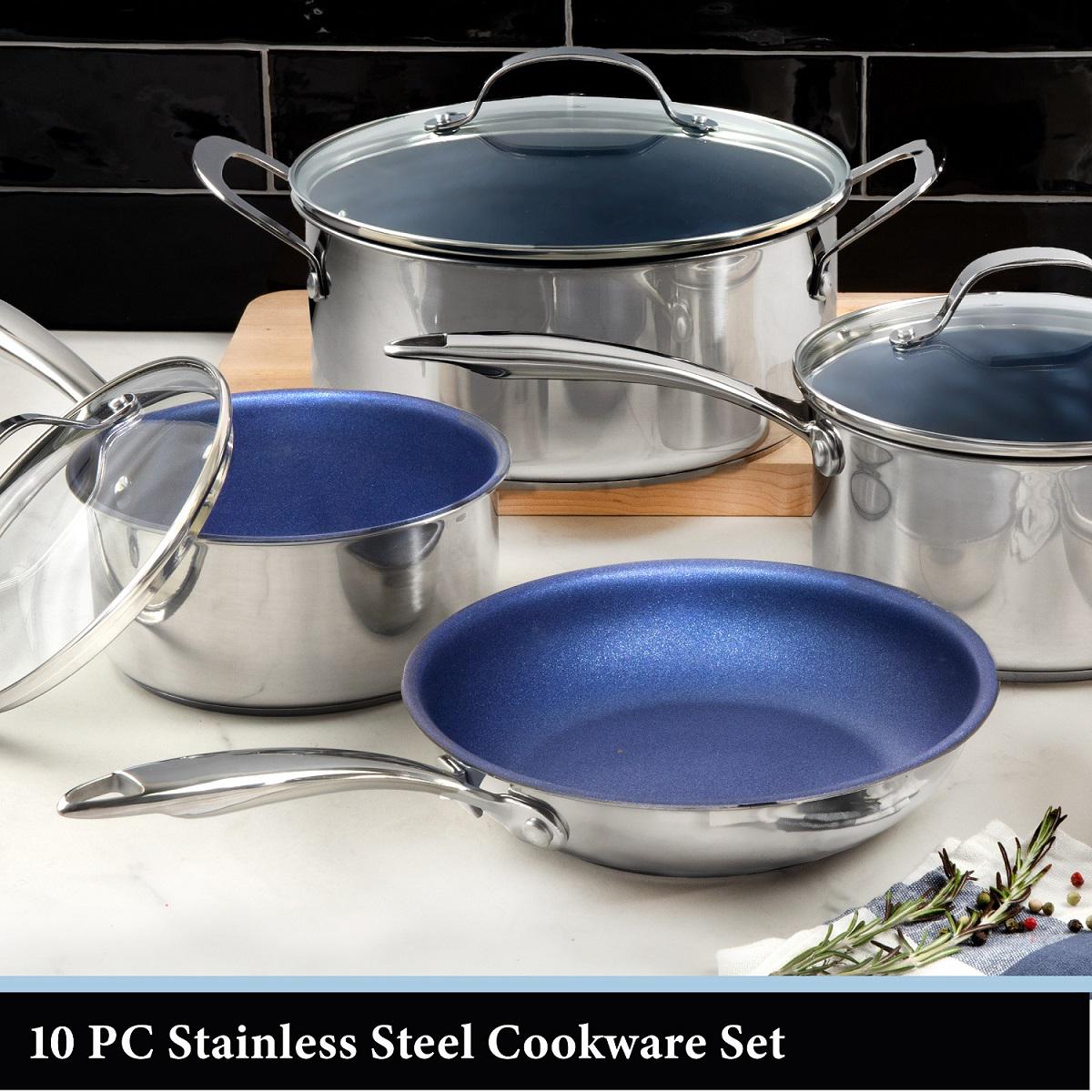 Granitestone Pro Stainless-Steel Pots and Pans Set Nonstick， Tri-Ply Base， 10 Piece Blue Nonstick Cookware Set includes Frying Pans， Stock Pots and Skillets， Dishwasher and Induction Safe， Stay Cool Handles