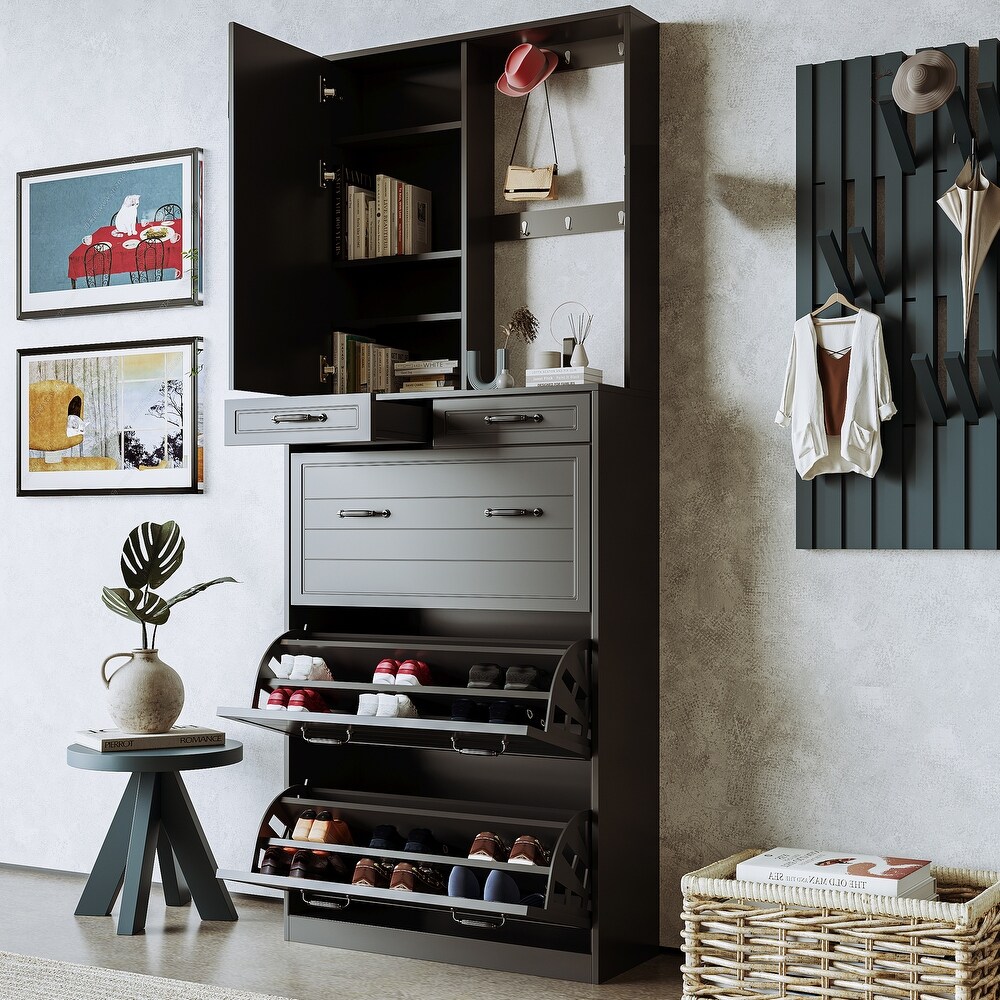 Multi functional Shoe Cabinet with 3 Flip Drawers