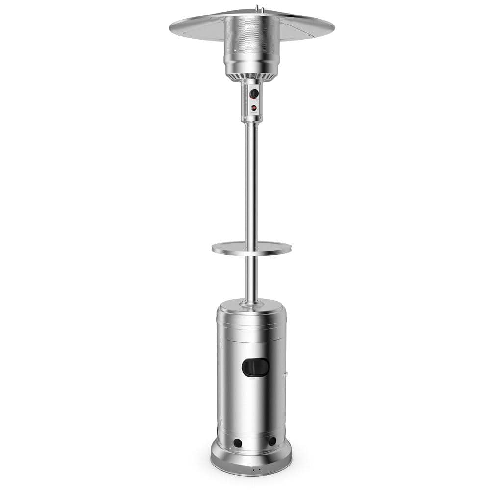 HONEY JOY 48000 BTU Outdoor Rolling Steel Silver Outdoor Propane Freestanding Patio Heater with Table Suitable TOPB004779