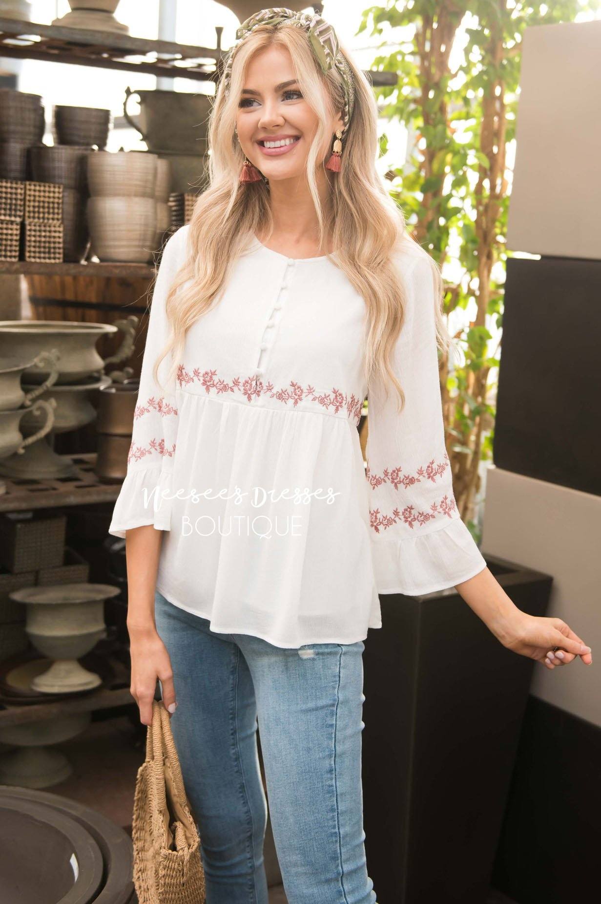 Ivory Flounce Embroidered Blouse