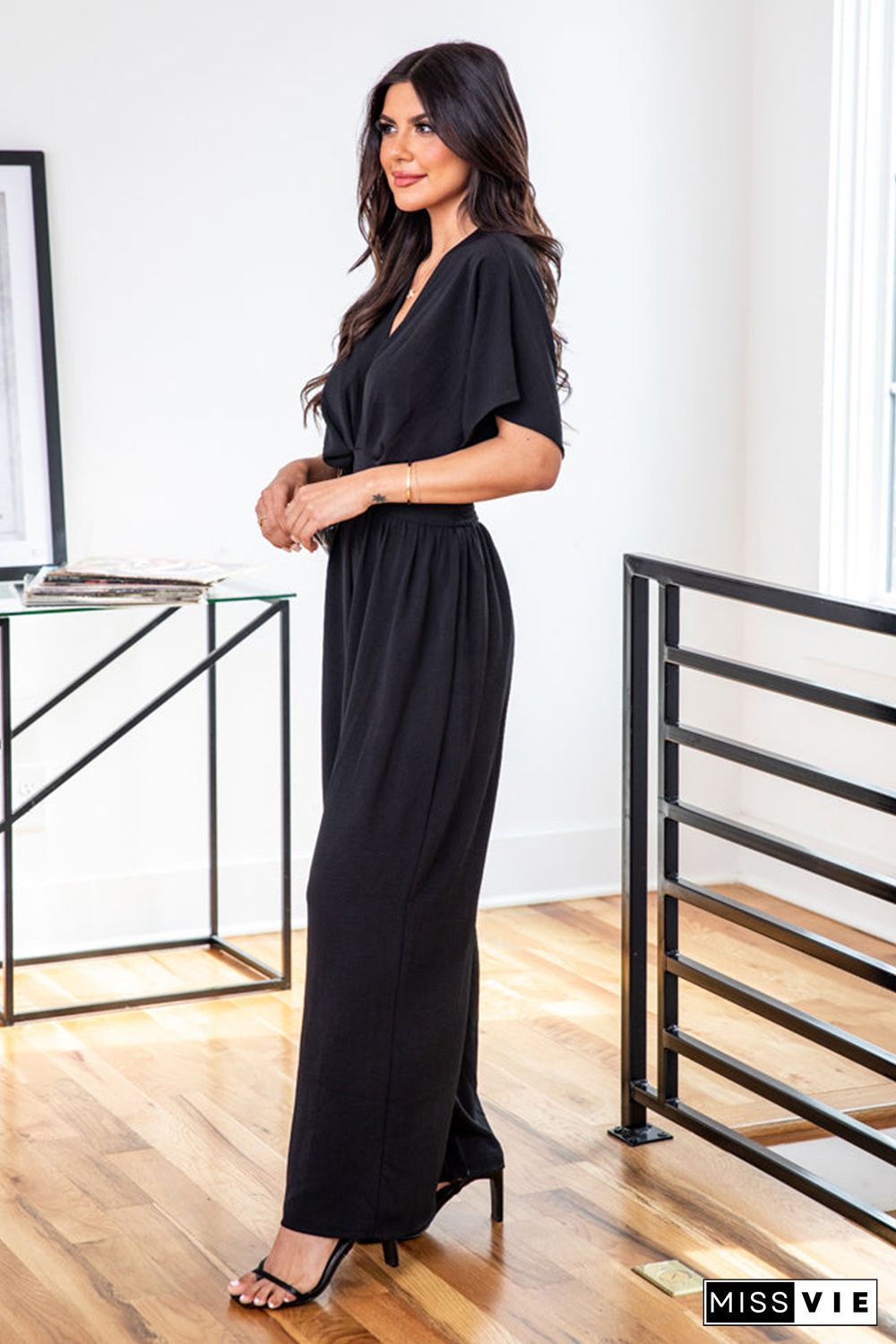 Black Deep V Neck High Waist Wide Leg Jumpsuit