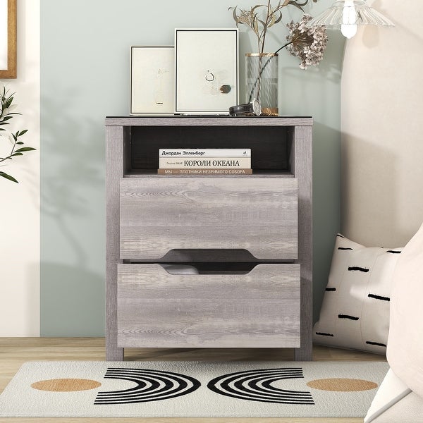 Modern Wooden Storage Nightstand With Wireless Charging And Adjustable LED - - 37388540