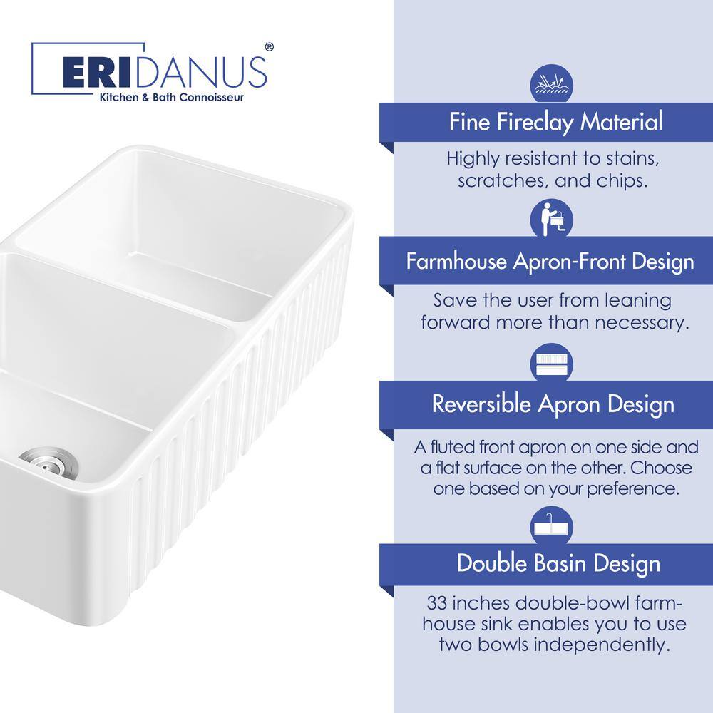 Eridanus Brooklyn Crisp White Fireclay 33 in. Double Bowl Farmhouse Apron Kitchen Sink with Bottom Grid ERI-FS-116D