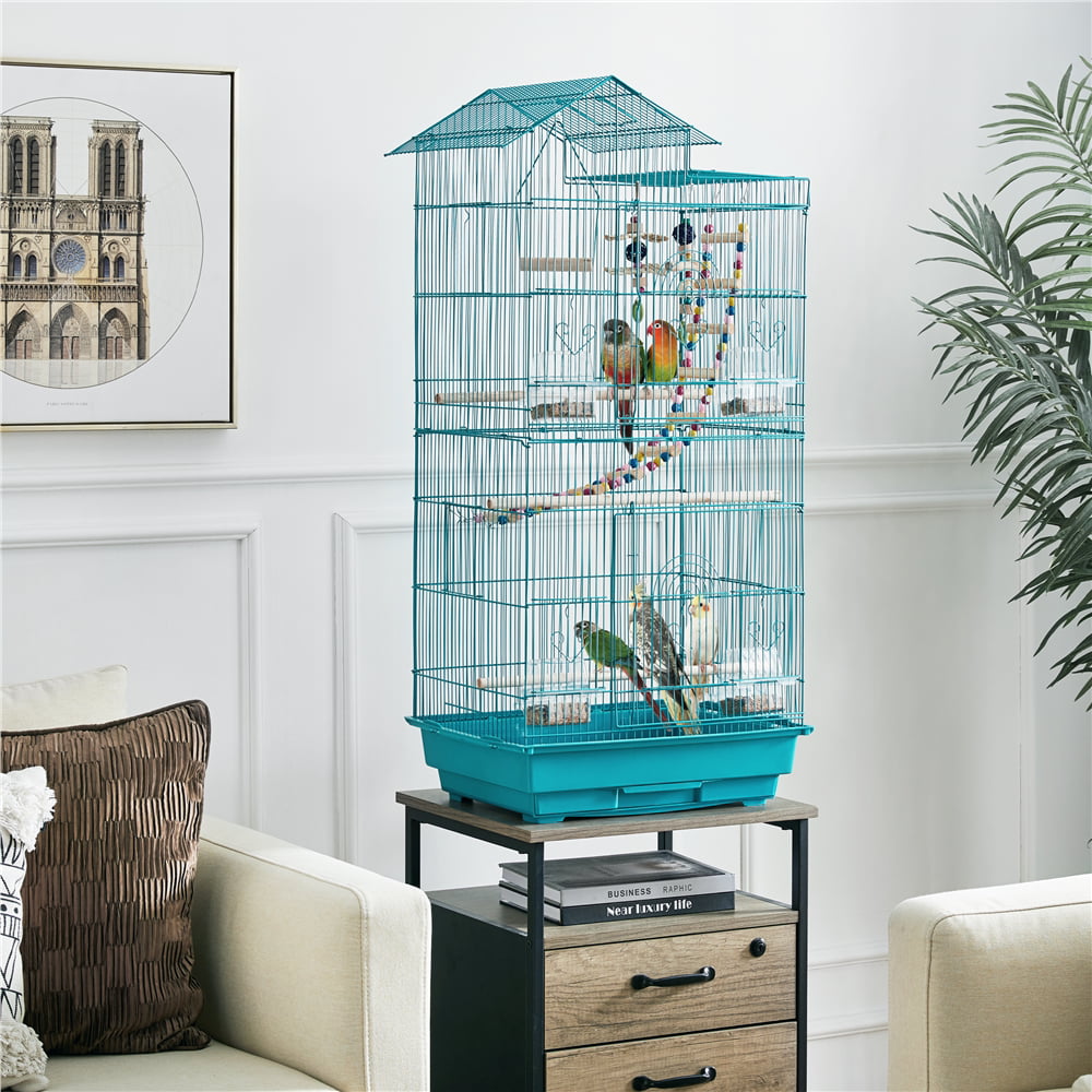 Yaheetech 39''H Metal Parrot Cage Bird cage w/Toys and Swing and Ladder， Teal Blue