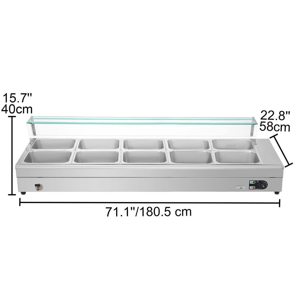 VEVOR 10 Pan x 12 GN Stainelss Steel Commercial Food Steam Table 6 in. Deep 1500Watt Electric Countertop Food Warmer 110 Qt. BLZBWTC10B2100001V1