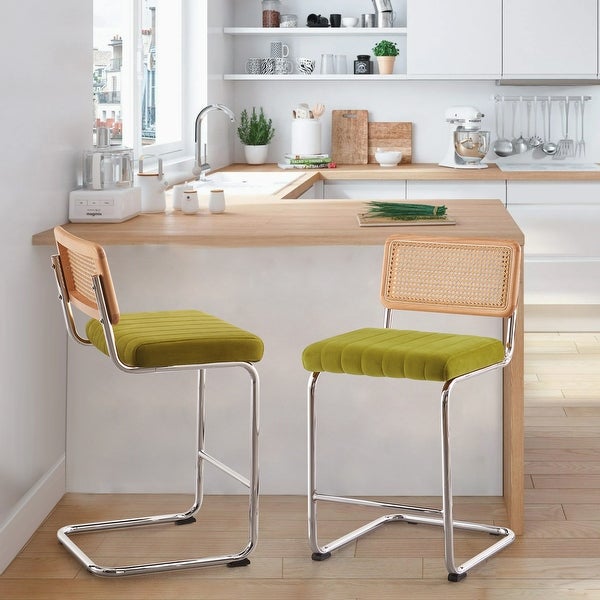 Modern Velvet Upholstered Bar/Counter Stools with Rattan Backrest