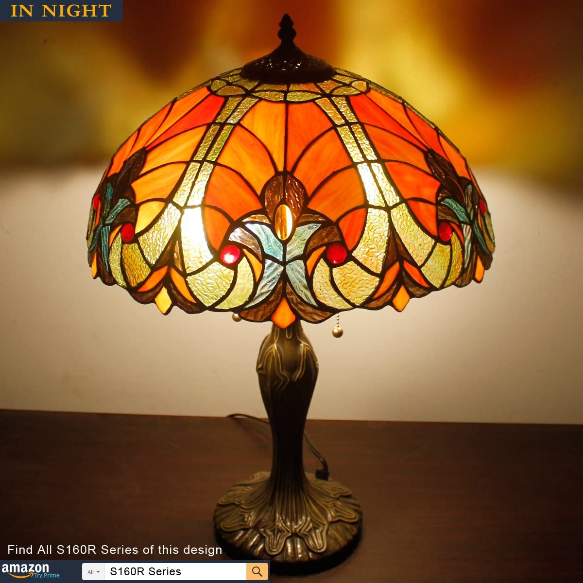 GEDUBIUBOO  Table Lamp Red Liaison Stained Glass Style Bedside Lamp 16X16X24 Inches Antique Desk Reading Light Metal Base Decor Bedroom Living Room  Office S160R Series