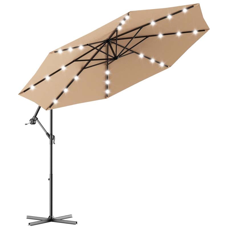 10 FT Offset Patio Umbrella with Solar LED Lights & Cross Base, Large Outdoor Cantilever Umbrella for Sun Rain