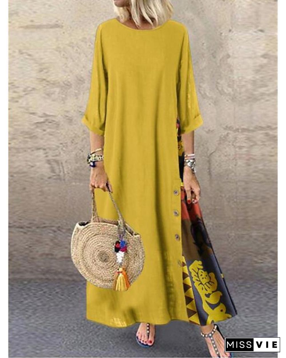 Women's Swing Dress Maxi long Dress - 3/4 Length Sleeve Print Print Spring & Summer Hot Casual Holiday vacation dresses Loose  Red Yellow Wine Army Green Navy Blue Gray L XL XXL 3XL 4XL 5XL