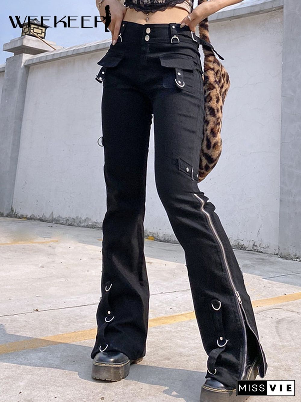 Weekeep Gothic Low Waist Black Punk Denim Pants Women Fashion Zip Up Split Casual Jeans Streetwear Harajuku 90S Hip Hop Trousers