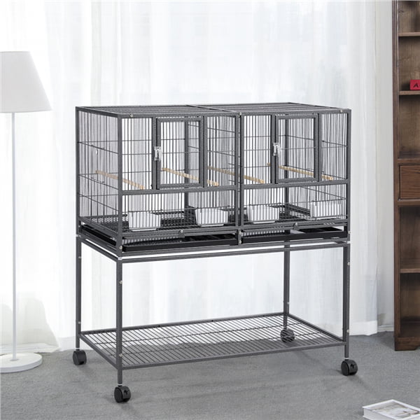 Topeakmart Stackable Metal Wide Bird Cage Divided Bird Breeder Cage with Rolling Stand Black