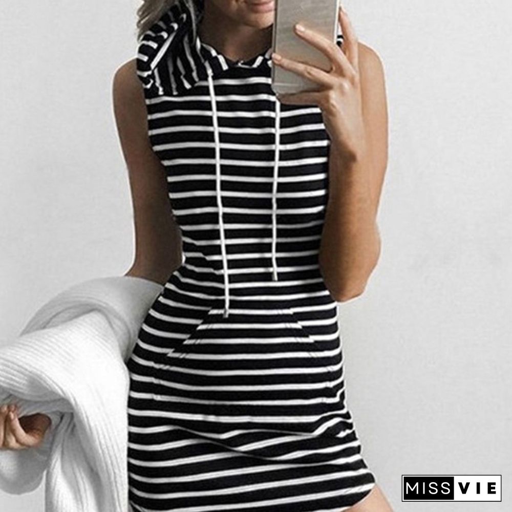 Women Fashion Autumn Bodycon Sleeveless Striped Hoodie With Pockets Dress Ladies Casual Pencil Shirt Dress