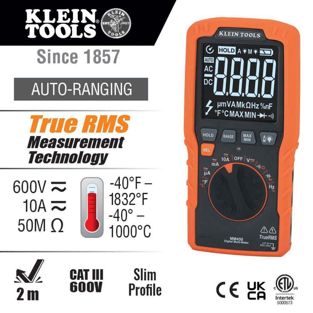 Klein Tools Slim Digital Multimeter TRMS Auto-Ranging 600-Volt Temp MM450