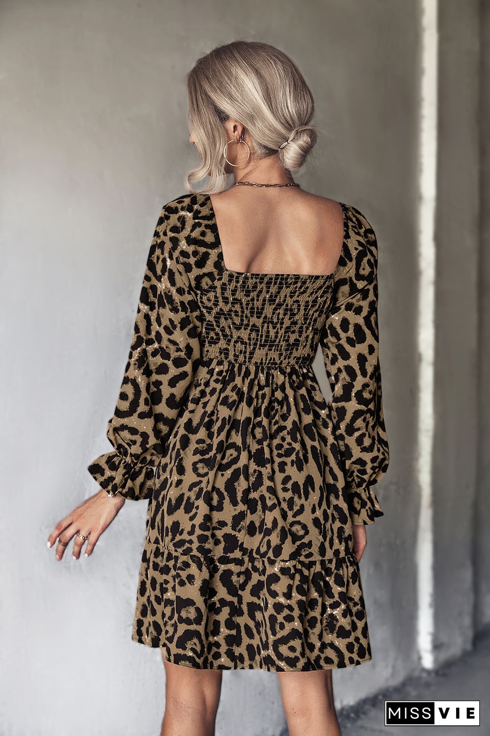 Smocked Square Neck Leopard Print Mini Dress