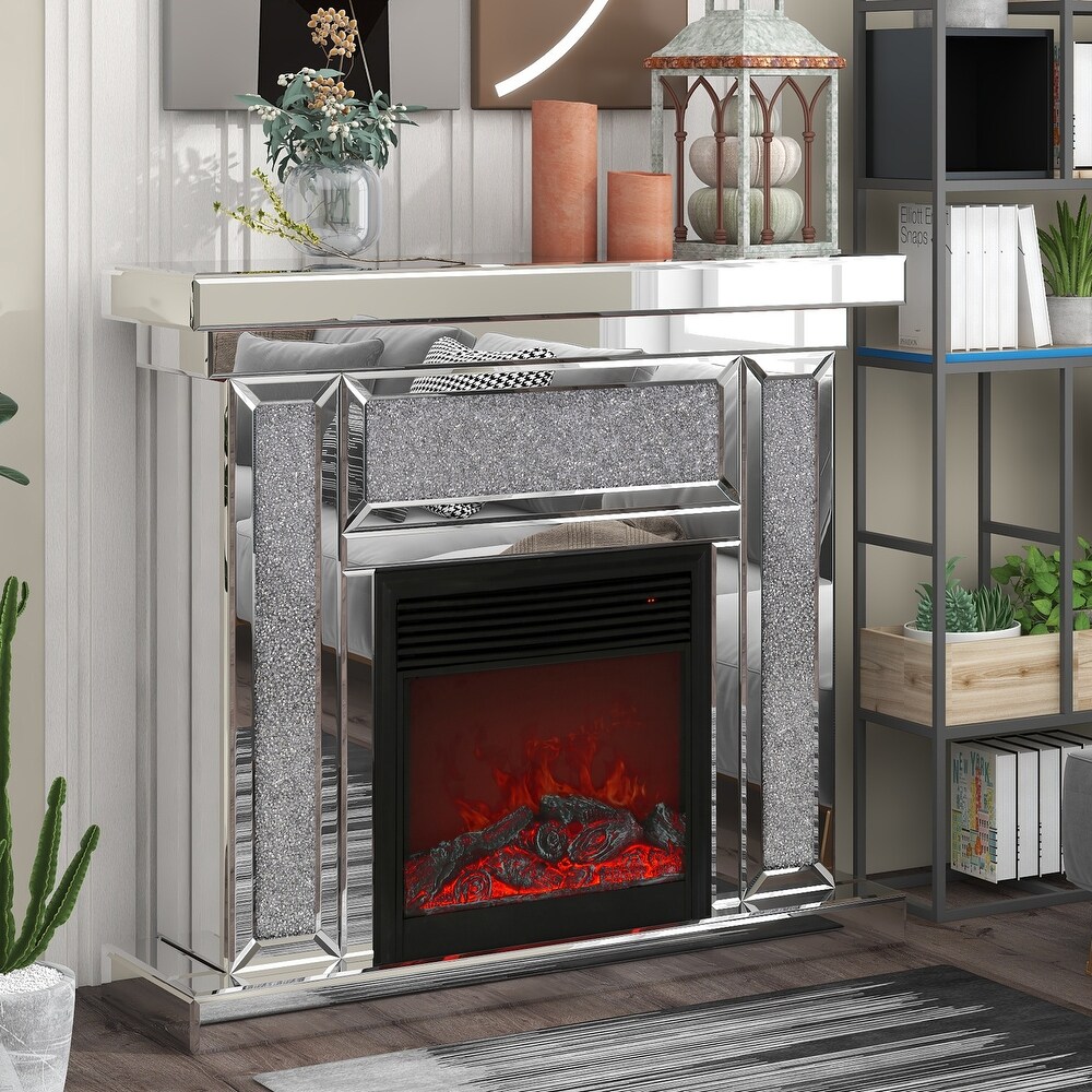 Mirror Electric Fireplace Display Console Table  Mantel Freestanding Heater Corner Firebox w/ 3D Flame Effect   Remote Control