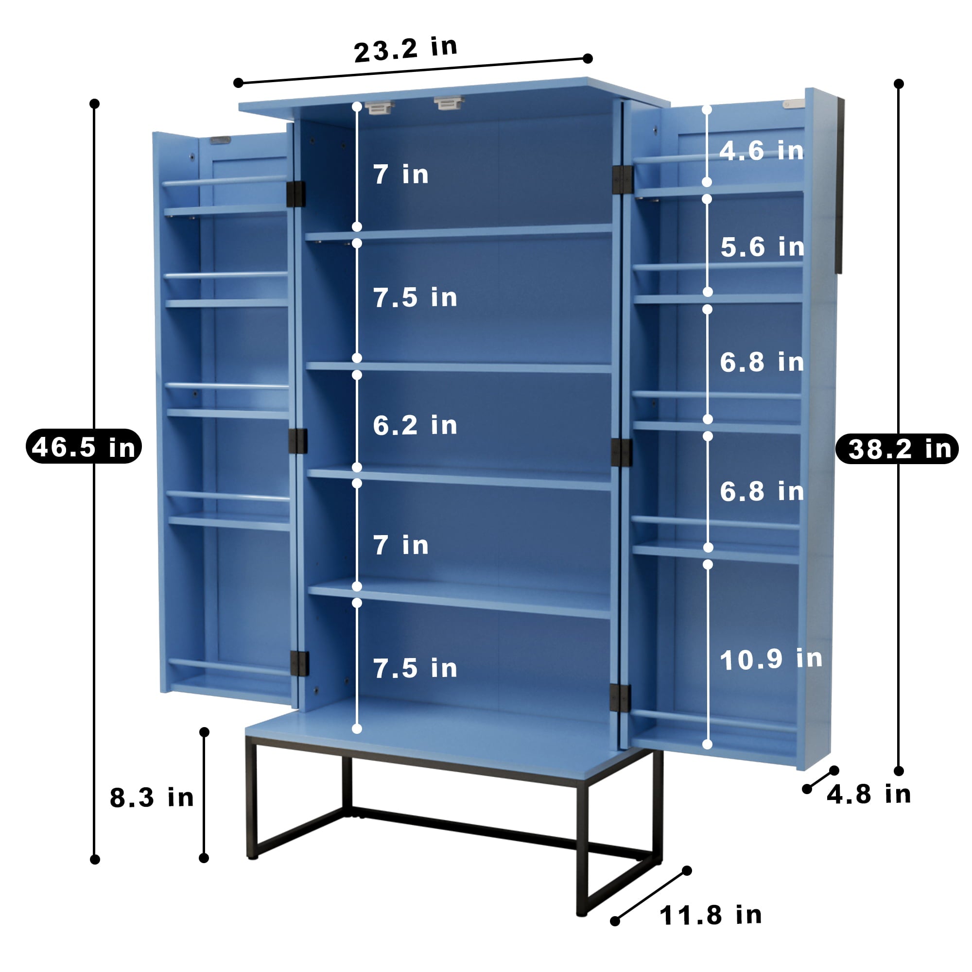 HLR 46 inches Blue Pantry Cabinets， Kitchen Pantry with Doors and Shelves for Kitchen， Blue Pantry Storage Cabinet with Black Metal Base for Living Room and Dining Room