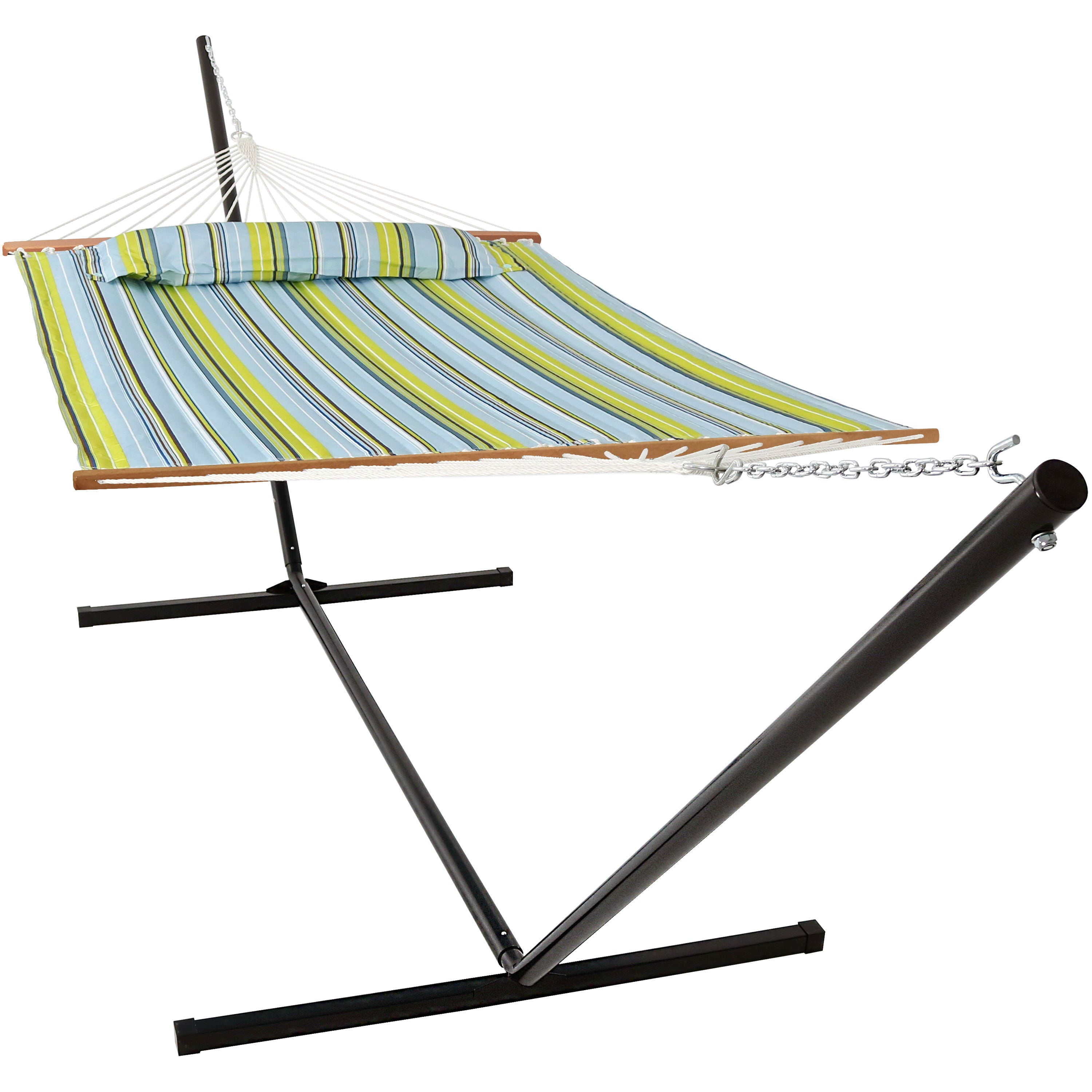 Sunnydaze Outdoor 2-Person Double Polyester Quilted Hammock with Wood Spreader Bar and 15ft Black Steel Stand - Blue and Green