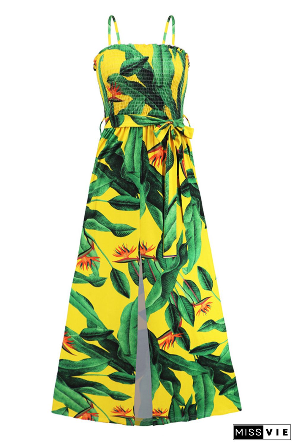 Tropical Print Smocked Top Spagetti Strap Maxi Dress