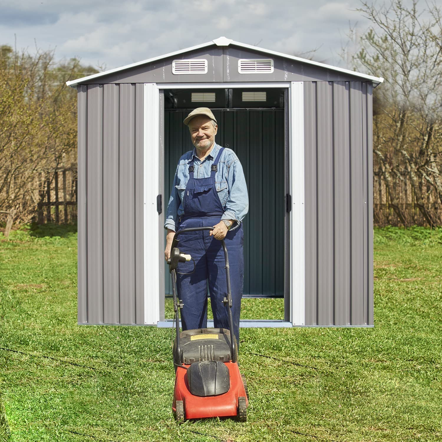 Kinbor 6' x 4' Outdoor Steel Storage Shed Grey with Sliding Door