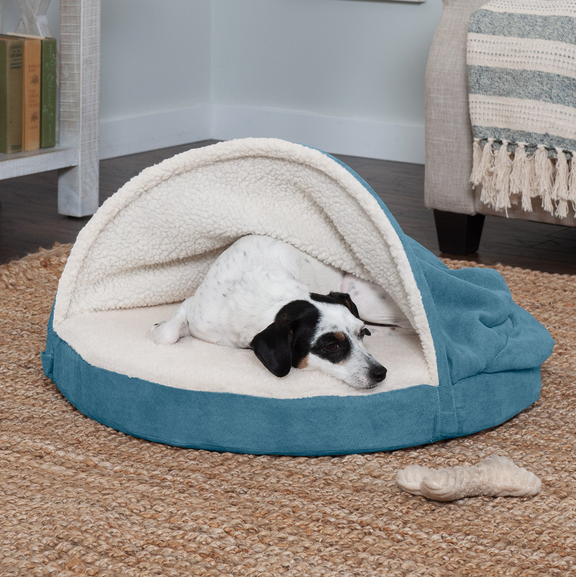 FurHaven | Orthopedic Faux Sheepskin Snuggery Burrow Pet Bed for Dogs & Cats, Blue, 26-Inch