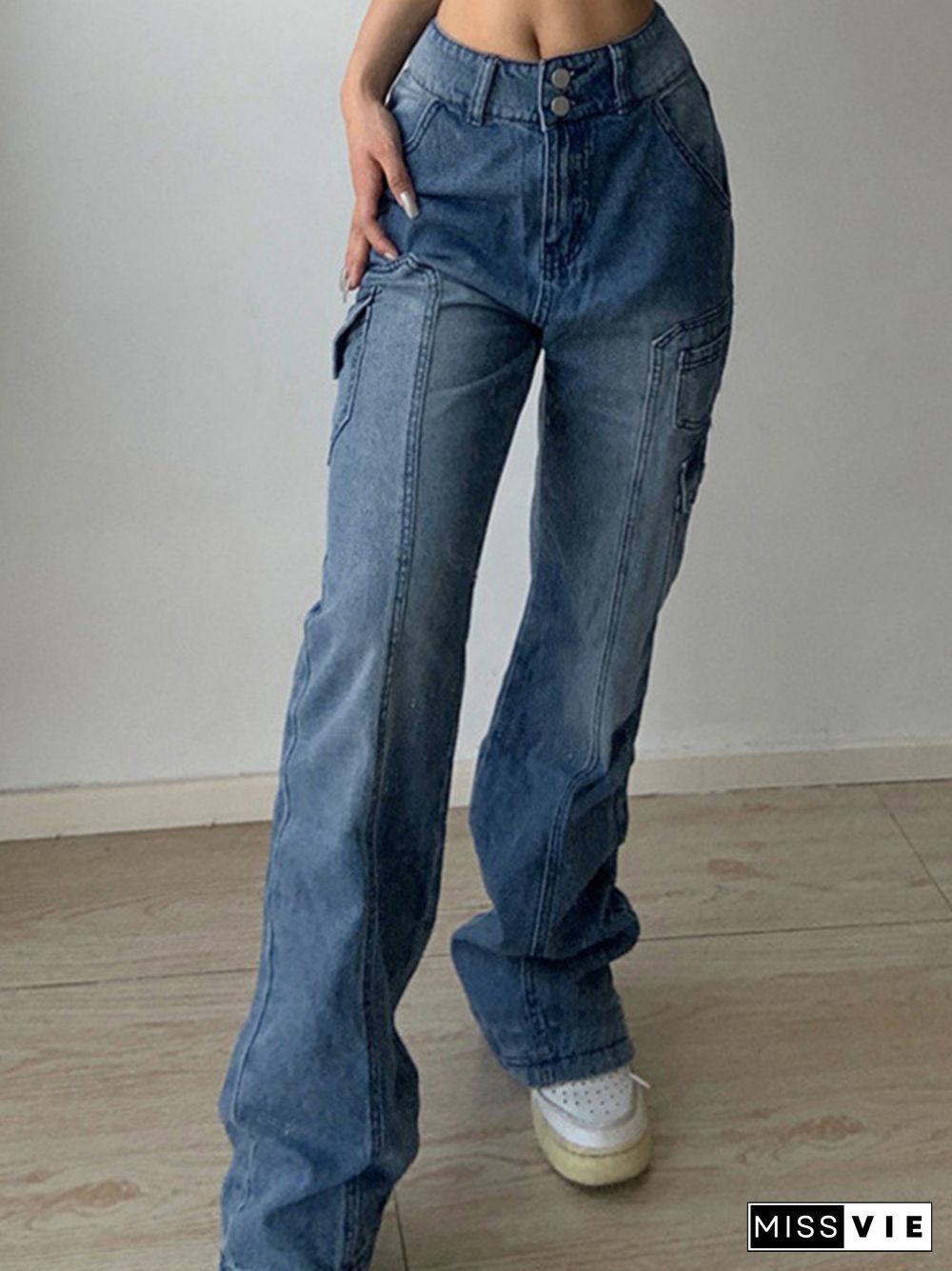 Distressed Multiple Pocket High Waist Cargo Jeans