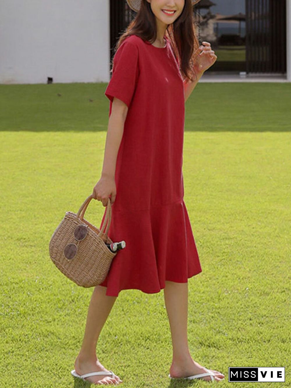 Solid Ruffle Short Sleeve Round Neck Casual Cotton Midi Dress