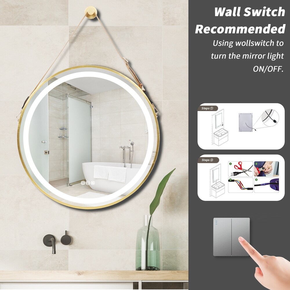 Large Round Framed LED Wall Bathroom Vanity Mirror with Hanging Strap