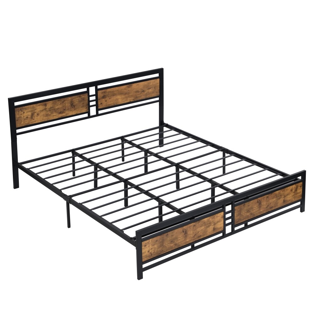 Metal Platform Bed Frame with Wood Headboard and Footboard