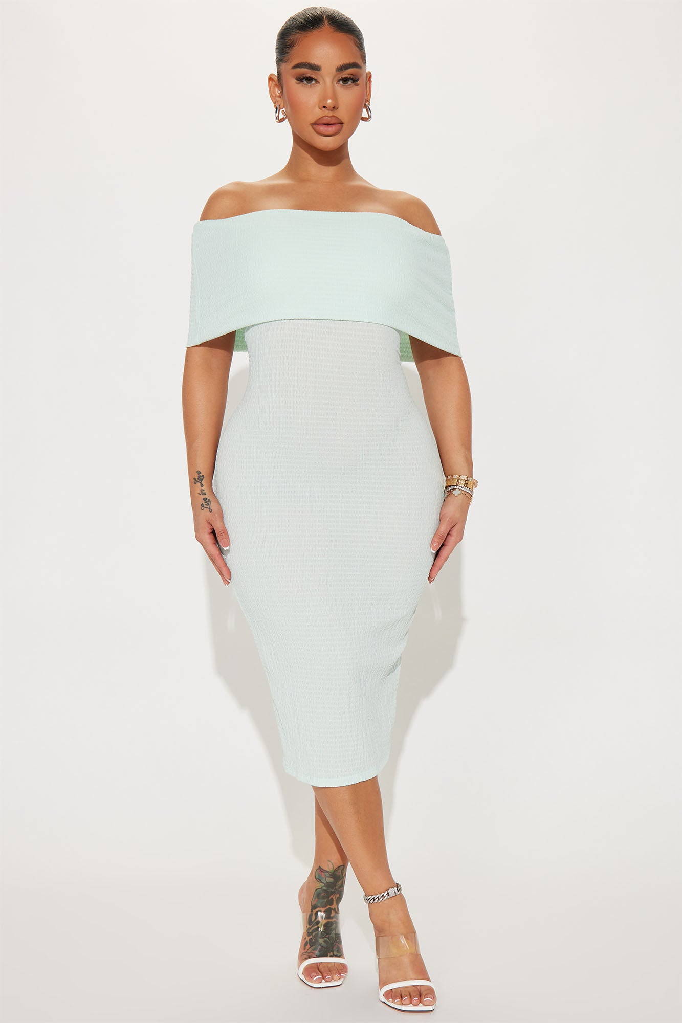 Ana Off Shoulder Midi Dress - Light Blue