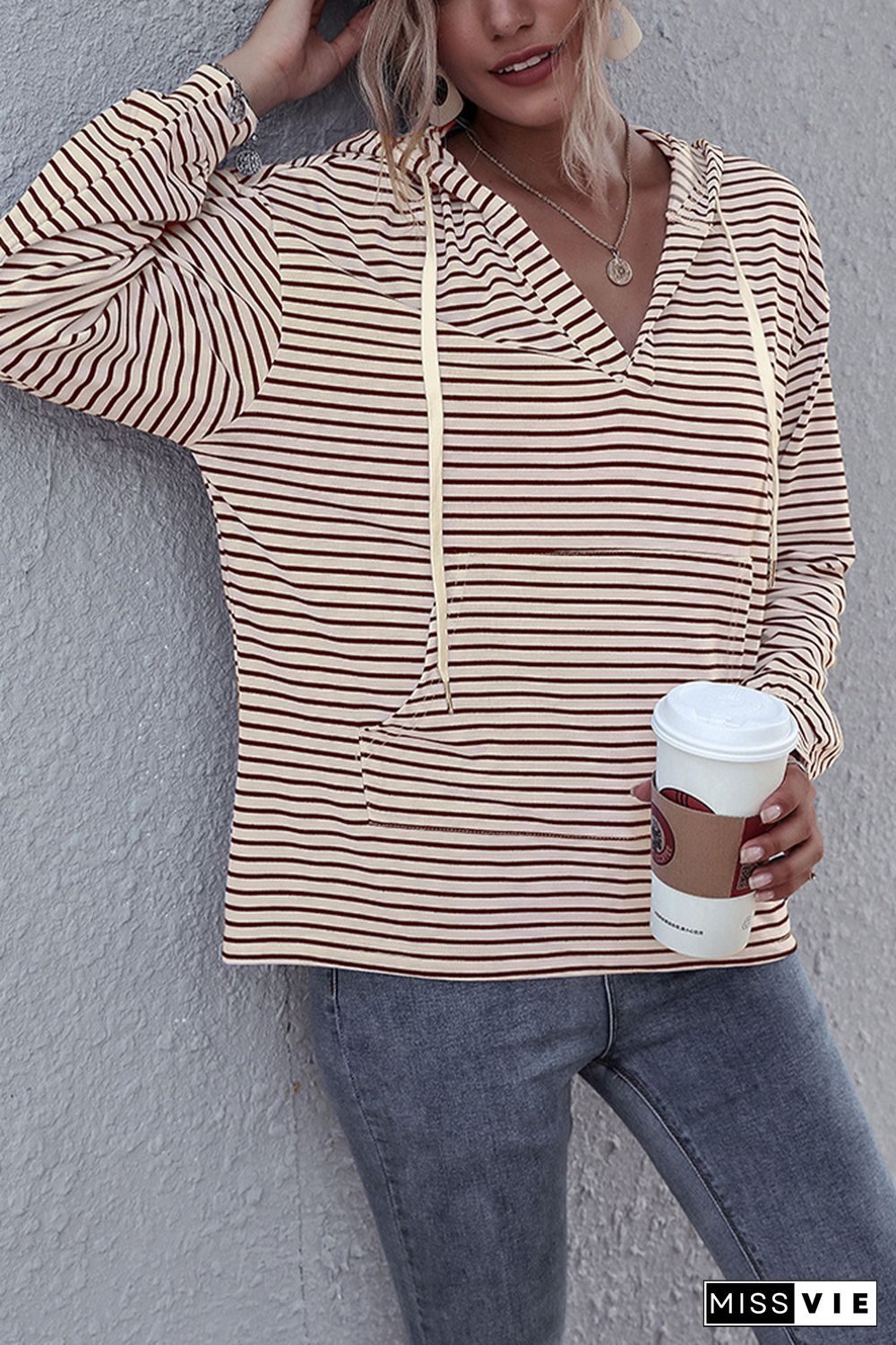 Stripes V Neck Front Pocket Drawstring Hoodies Wholesale