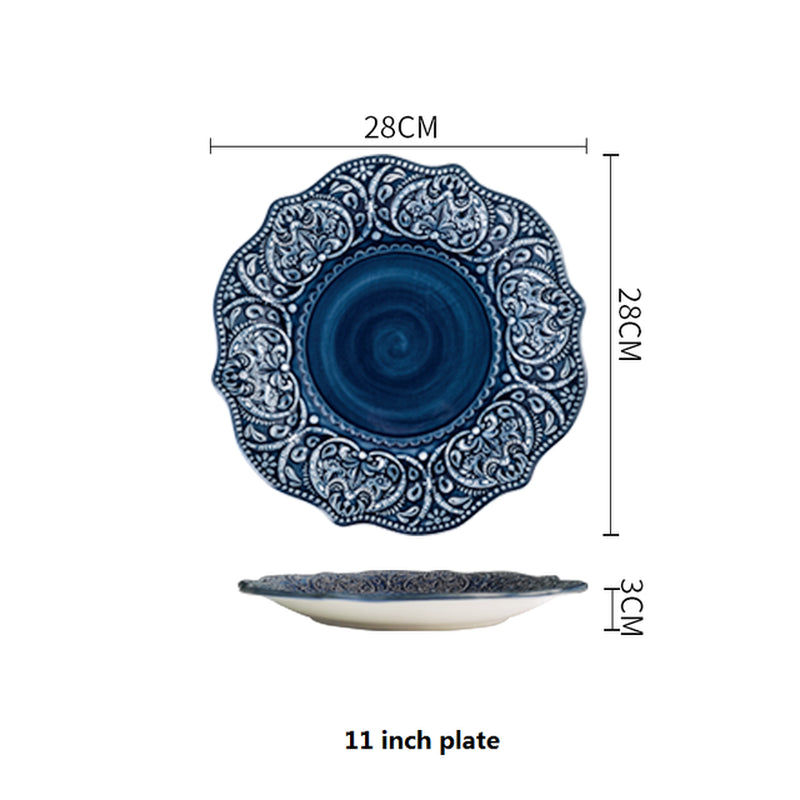 Nordic Blue Vintage Tableware Set Ceramic Rice Salad round Dish Dinner Plate Bowl Dinnerware Set Microwave Safe W4827