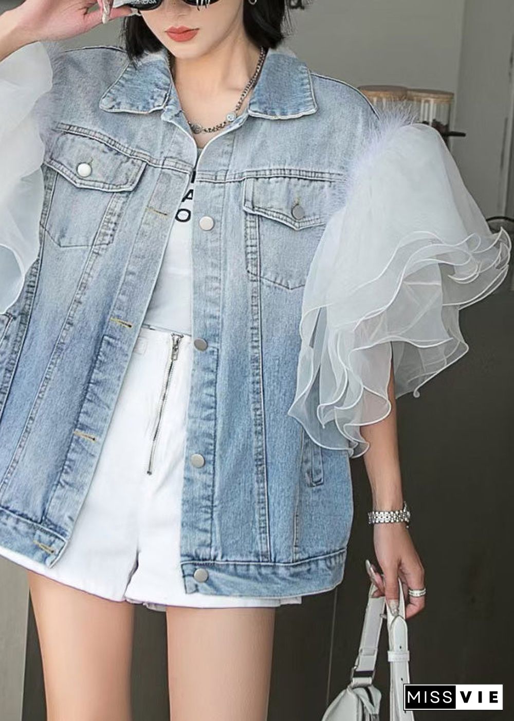 Style Blue Ruffled Tulle Patchwork Button Coats Short Sleeve