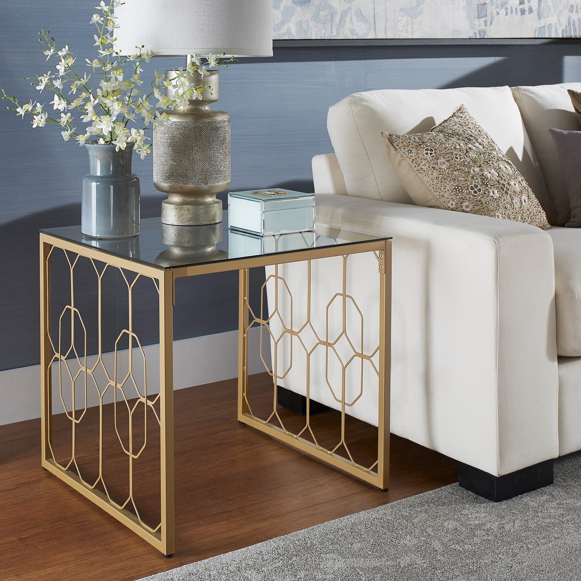 Elle Octagon Pattern Gold Metal and Glass Table by iNSPIRE Q Bold