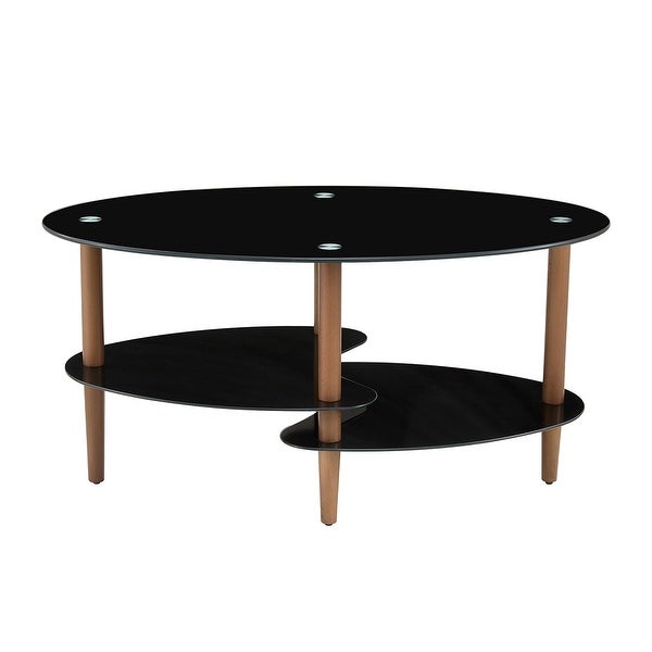 3-layer Modern Oval Glass Coffee Table with Oak Wood Legs