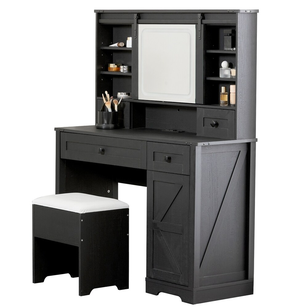 Farmhouse 42'' Makeup Vanity Desk with lighted Sliding Mirror Glass Tabletop 2 Drawers   Shelves  Stool Included.