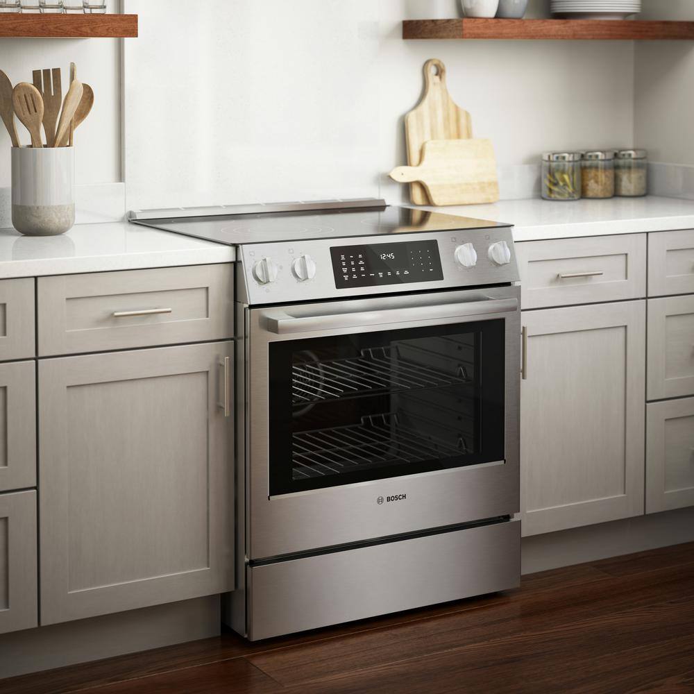 Bosch Benchmark Benchmark Series 30 in. 4.6 cu. ft. Slide-In Electric Range with Self Cleaning Convection Oven in Stainless Steel HEIP056U