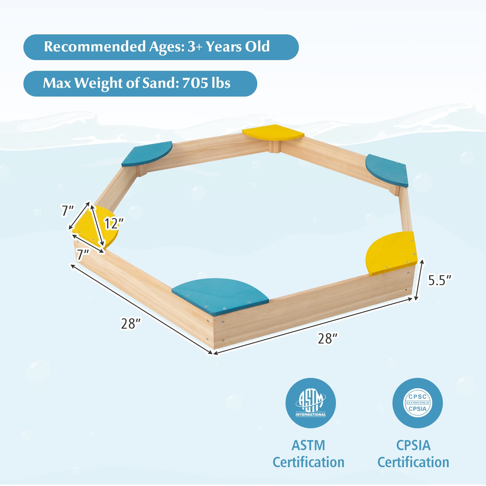 Costzon Kids Sandbox, Hexagon Large Cedar Wood Sand Box with 6 Built-in Corner Seating