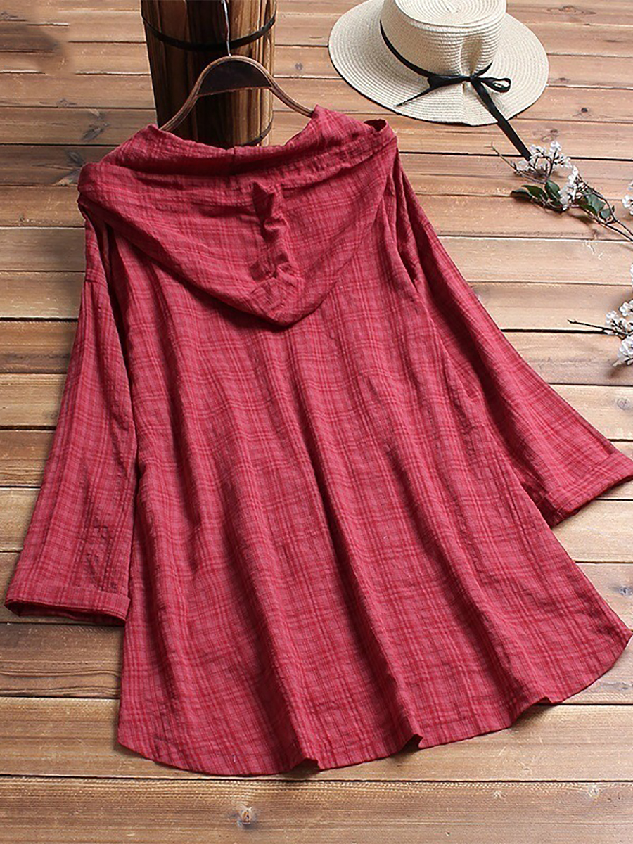 Womens cotton and linen button long-sleeved plaid top