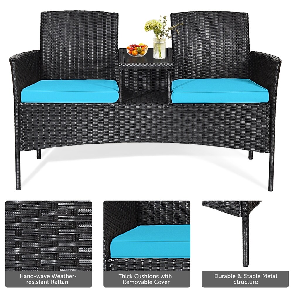 Gymax Rattan Wicker Patio Conversation Set w/ Table Turquoise Cushion   54.5'' x 24'' x 33.5'' (L x W x H)