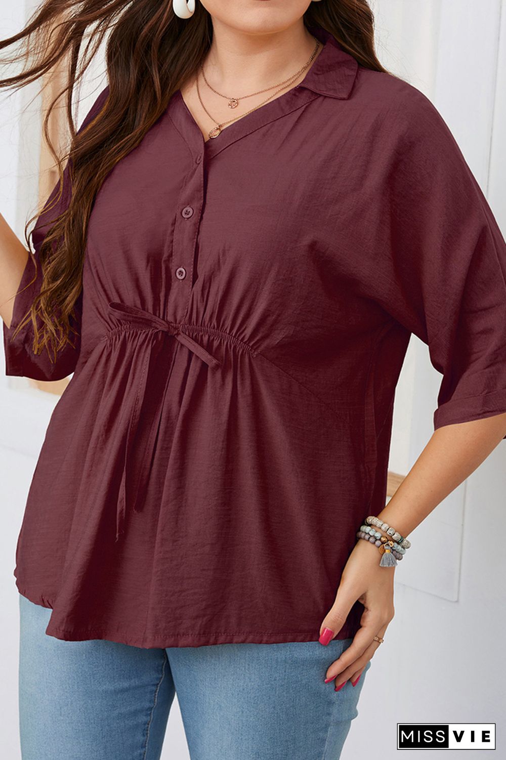 Button Down Front Tie Frill Plus Size Top Wholesale