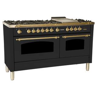 Hallman 60 in. 6 cu. ft. Double Oven Dual Fuel Italian Range True Convection8 Burners LP Gas Brass TrimMatte Graphite HDFR60BSMGLP