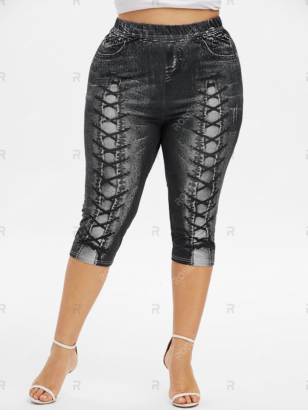 Heart Buckle Layered Tank Top and 3D Lace Up Jean Print Capri Leggings Plus Size Outfit