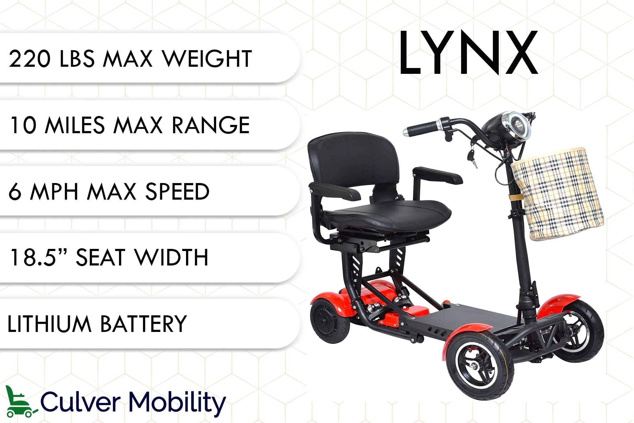 Culver Mobility - LYNX - Foldable 4 Wheels Mobility Scooter, Battery Powered Weight Capacity 300 lbs - RED