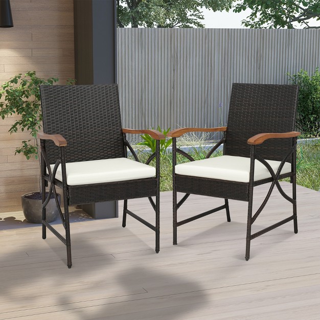 Costway 7pcs Patio Wicker Dining Set Cushion Acacia Wood Armrests Table With Umbrella Hole