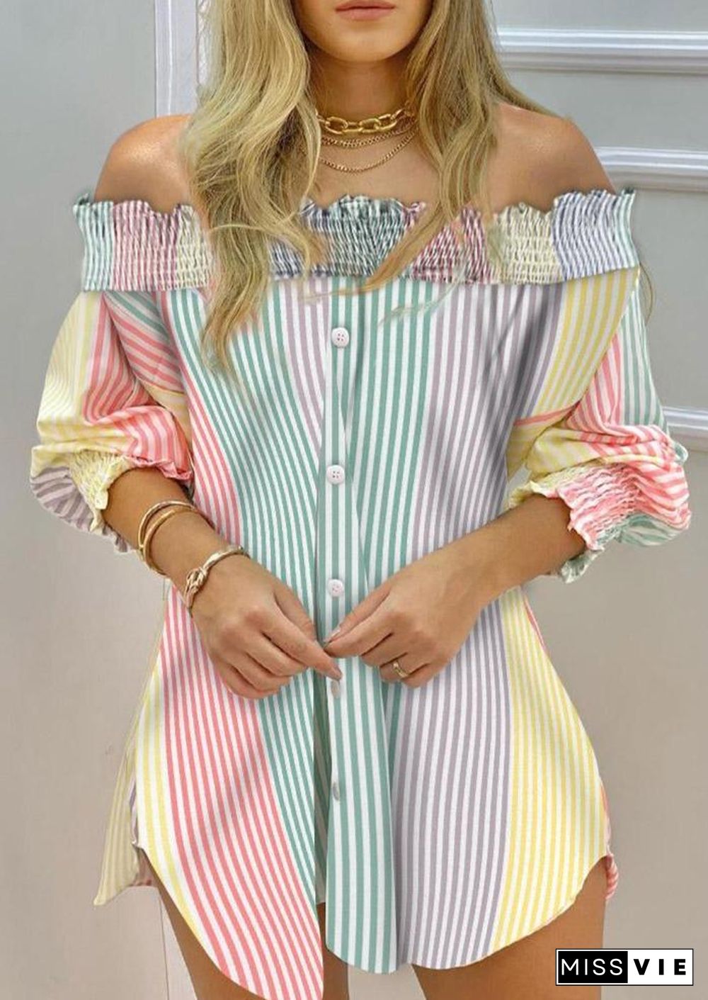 Off Shoulder Color Striped Button Front Smoking Blouse Dress P13581