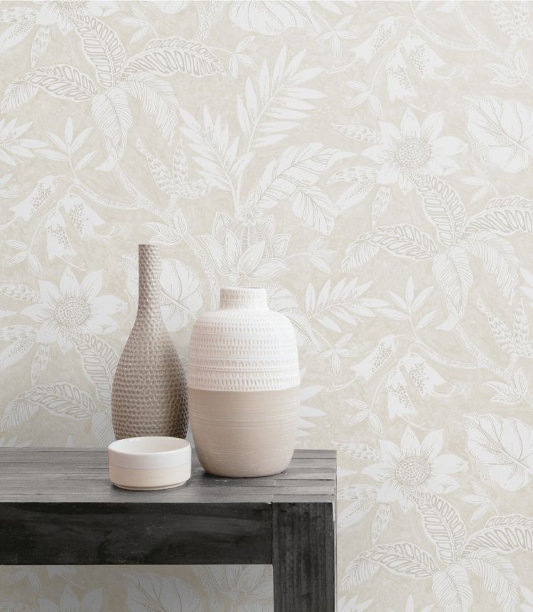 Rainforest Leaves Wallpaper in Sand Dune/Brushed Taupe from the Boho Rhapsody Collection