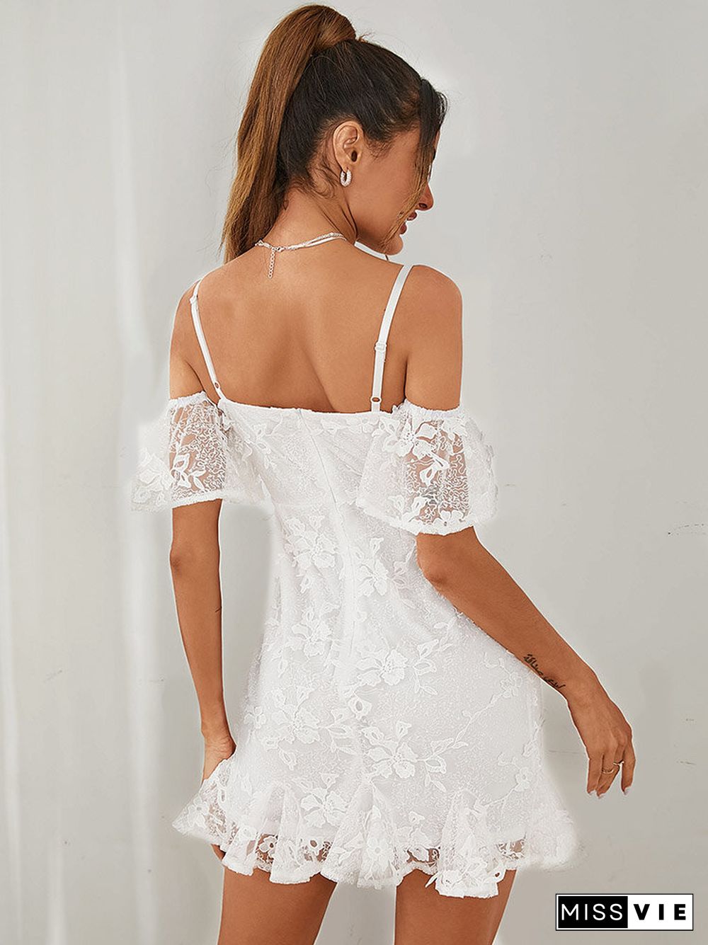 Solid Backless Strap Off The Shoulder Short Sleeve Lace Dress