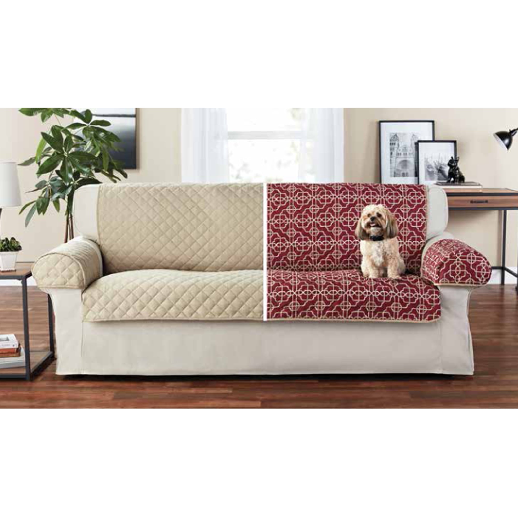 Mainstays 3-Piece Reversible Microfiber Sofa Pet Cover Protector, Tan/Red