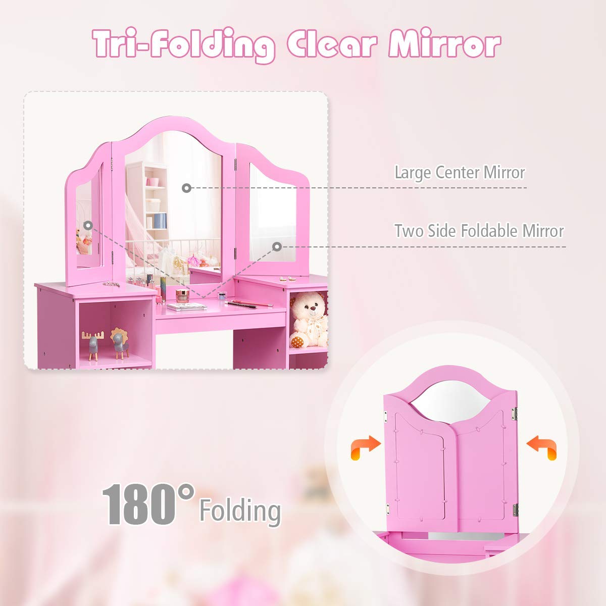 Costzon Kids Vanity, Princess Makeup Dressing Table with Tri-Folding Mirror & Storage Shelves, Pink